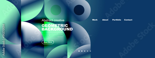 Abstract website mockup features vibrant blue, green gradients. Text highlights geometric background, navigation options present.
