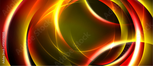 Abstract design features vibrant curves, warm colors. Red, orange, yellow hues create dynamic visual impact. Smooth gradients dominate composition.