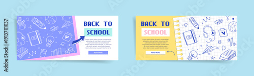 Back to school web banner set with retro pixel typography and doodle line icons on notebook grid paper, colorful education landing page headers, vector illustration