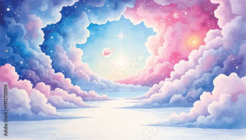 dreamy clouds with sun in sky.