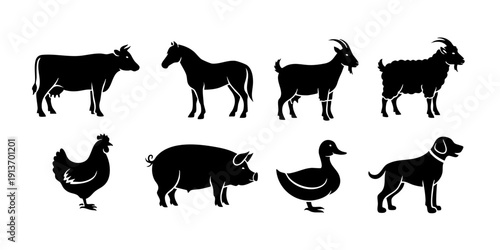Collection of farm animals silhouetted against a plain background viewed from the side
