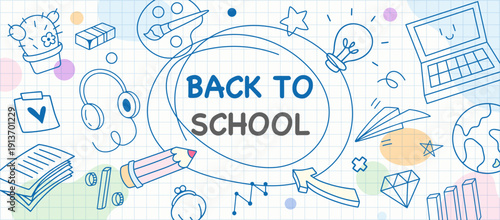 Back to School modern cute banner with laptop and stationery doodle on grid paper background, minimal education vector template