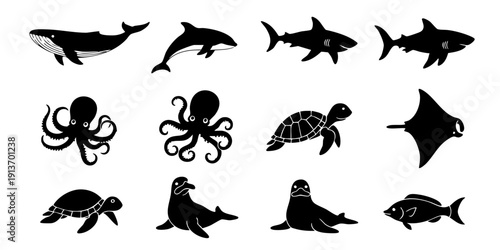 Collection of marine animals silhouettes including whale, dolphin, and seal on a plain background