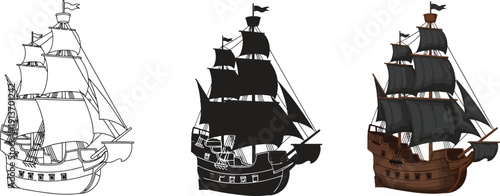 Collection of sailing ship illustrations including outline silhouette and detailed vector designs for historical or nautical themes