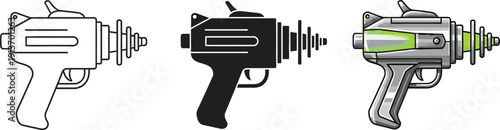 Collection of retro ray guns vintage sci-fi blaster icons in outline black and color styles for futuristic design