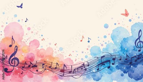 Vibrant music notes and colorful watercolor splashes.