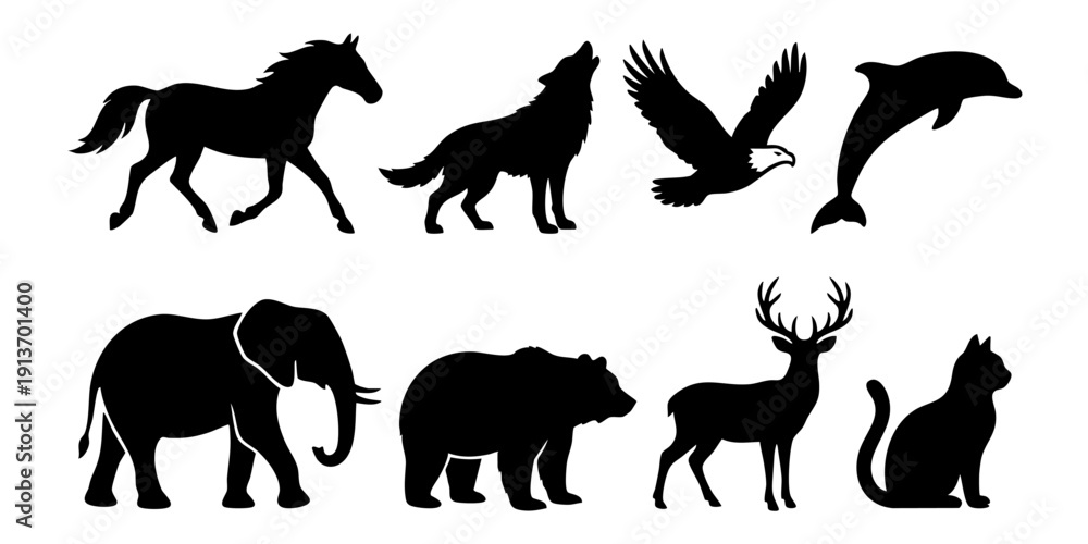 Fototapeta premium Collection of Animal Silhouettes Including Mammals and Birds in Various Poses