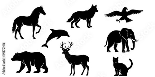 Collection of various animal silhouettes including mammals and birds in a white space