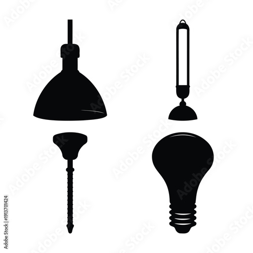 Collection of diverse lighting fixtures and components presented as simple black silhouettes