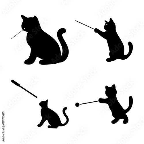 Playful cat silhouettes engaging with interactive toys and objects in various poses