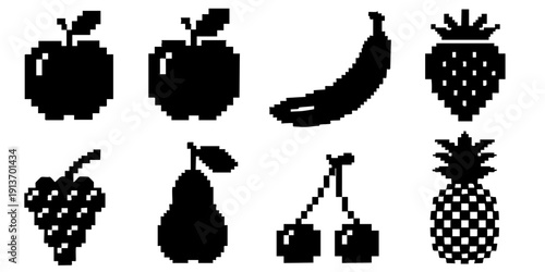 Assorted fruits silhouettes arranged neatly in three rows on a white background from a direct viewpoint