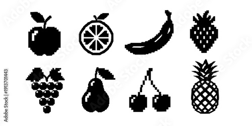 Assorted fruit silhouettes arranged in a grid pattern, showcasing various types and textures, set against a simple background, viewed from a straightforward perspective.