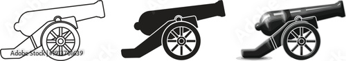 Collection of cannon icons including outline silhouette and realistic styles perfect for historical design projects or game assets
