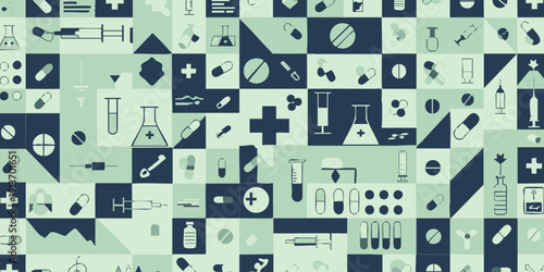 A diverse array of scientific symbols and laboratory equipment icons arranged in a seamless pattern