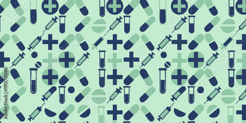Medical symbols and medication pattern on a light green background viewed from directly above