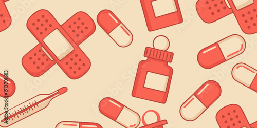 Medical supplies pattern featuring bandages, pills, thermometer, and medicine bottle on a light background viewed from directly above