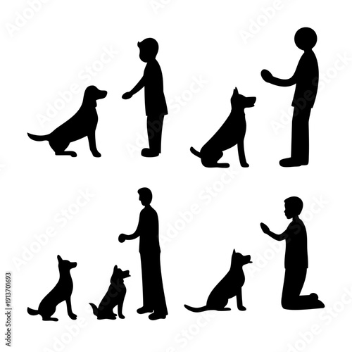 Silhouettes of people and dogs interacting in various poses showing companionship and training