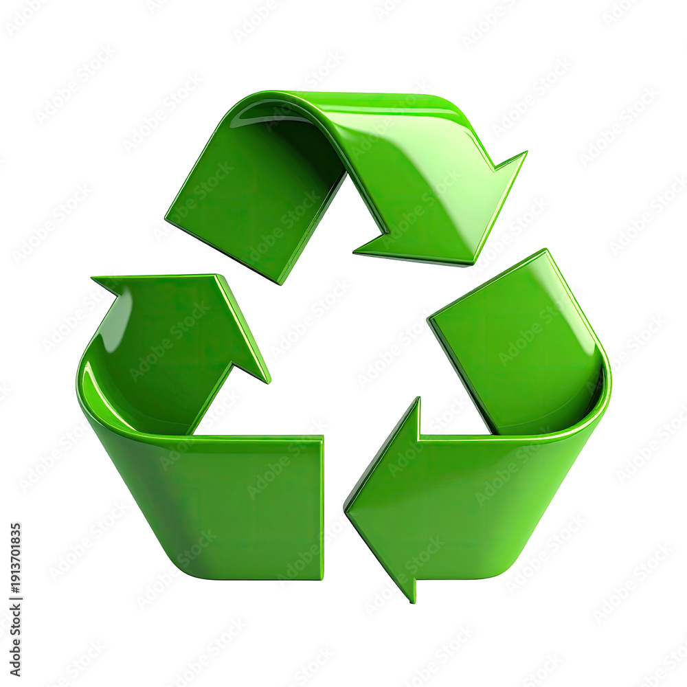 Obraz premium Shiny green recycle symbol with three arrow forming a triangle on a black background