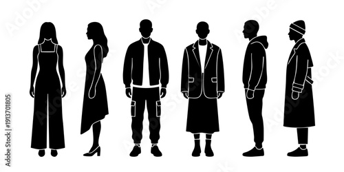 Diverse group of people standing together, silhouetted against a clean background, showcasing various attire and styles from different viewpoints.