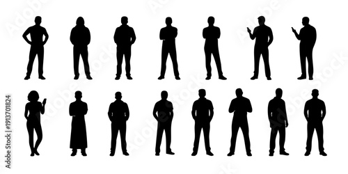 Collection of diverse people silhouettes standing in various poses on a plain background from a straightforward viewpoint
