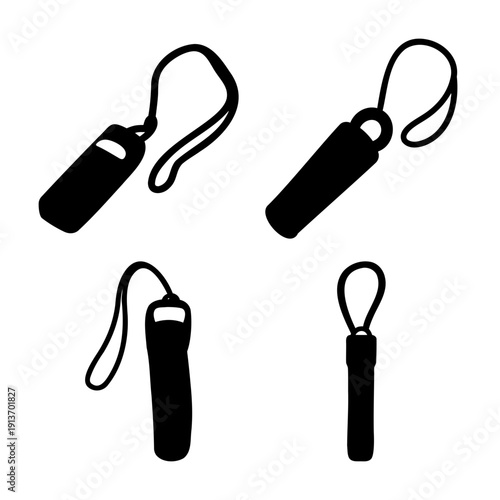 Collection of black silhouette illustrations depicting small portable devices with straps
