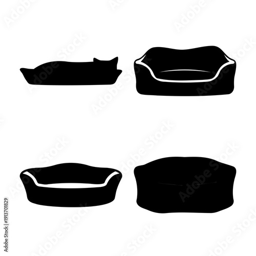 Silhouettes of various comfortable pet beds and a sleeping cat for animal lovers
