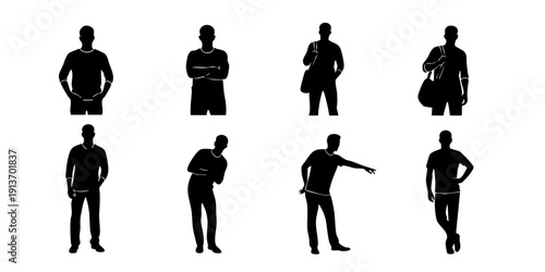 Silhouetted figures of men in various poses and actions, showcasing different postures and movements, viewed from multiple angles against a plain background