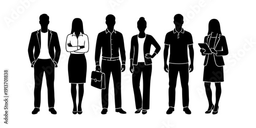 Group of diverse professionals standing together in a line, showcasing various occupations and attire in a simple illustration