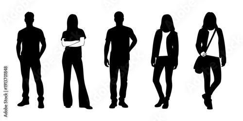 Diverse silhouettes of people in various poses and outfits standing alone from different viewpoints