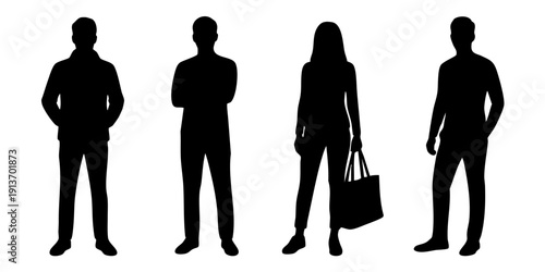 Silhouettes of four business professionals standing confidently in various poses with a briefcase