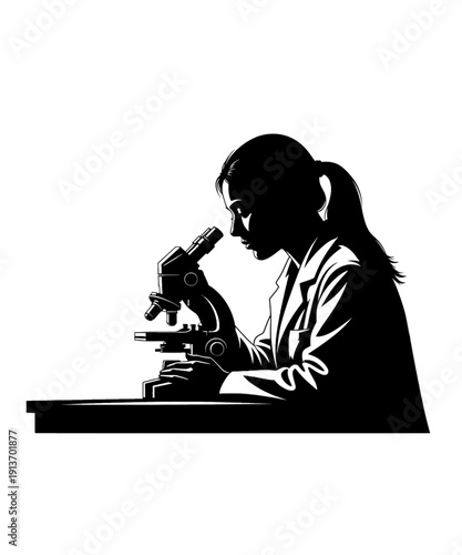 Silhouette scientist examining specimen under microscope in modern lab setting