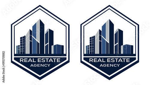 Modern Real Estate Agency Logo Design Featuring Blue Skyscraper Silhouette in Hexagonal Badge for Property Development and Corporate Branding Identity