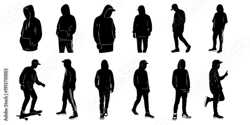 Collection of silhouetted people walking and standing in various poses, captured from different viewpoints, showcasing diverse actions and attire.