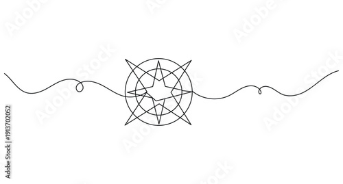 Continuous line drawing of a compass rose with a wavy horizon line on white background