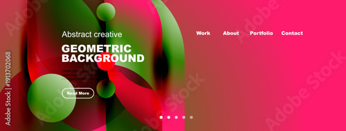 Abstract website mockup. Vibrant colors, geometric shapes, text elements present. Navigation menu visible, button included. Modern design.