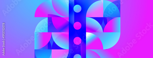 Abstract geometric composition. Vivid pinks, blues blend. Circular shapes create dynamic visual rhythm. Modern design elements present.