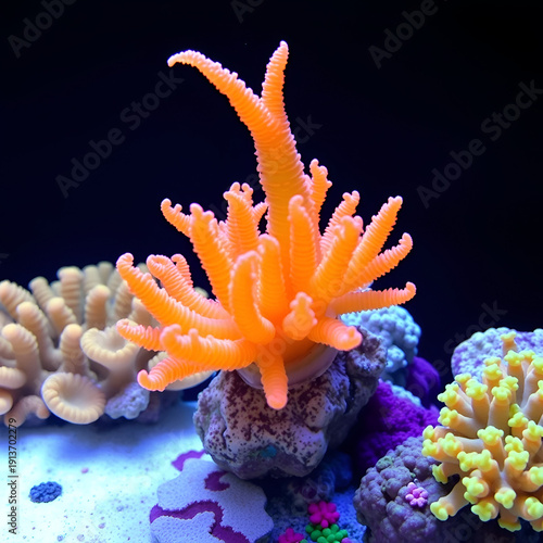 fluorescent torch coral move tentacle, soft coral grow on frag plug, reef marine aquarium, coquina live rock mariculture aquascape, LED actinic blue light, wave maker laminar flow, dark background