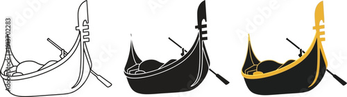 Collection of Venetian gondola icons representing traditional Italian water transport in outline solid black and colored styles for travel and tourism concepts
