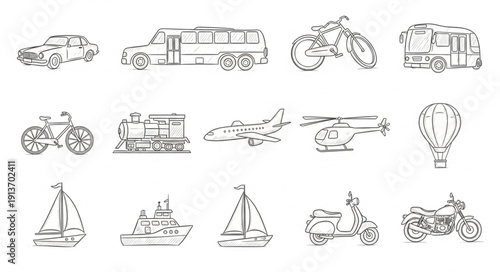 Collection of various transportation vehicles in a hand-drawn sketch style, including cars, buses, motorcycles, bicycles, trains, airplanes, helicopters, hot ai