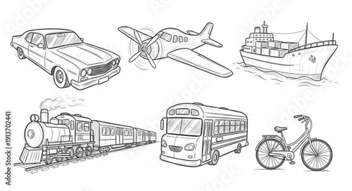 Collection of various transportation vehicles in a hand-drawn sketch style.