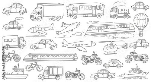 Collection of various transportation vehicles in a simple line art style.