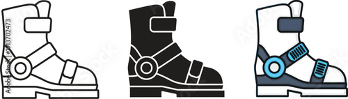 Collection of boot icons including outline solid black and colored versions representing footwear for outdoor activities and sports
