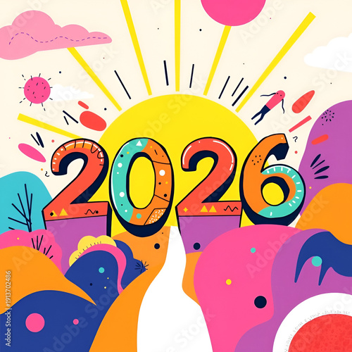 Bold & Bright: A visually dynamic, creative illustration of the year 2026, rendered in vibrant colors and expressive shapes, is poised to usher in a future full of possibility.