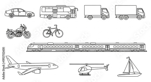 Collection of various transportation vehicles and modes of travel.