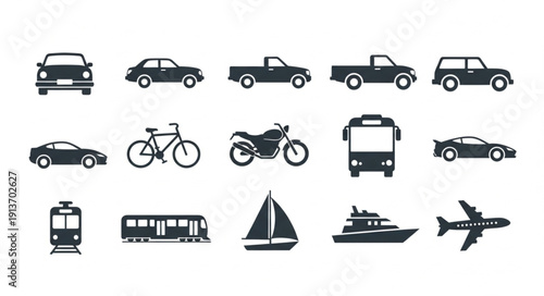 Collection of various transportation vehicles and modes of travel.