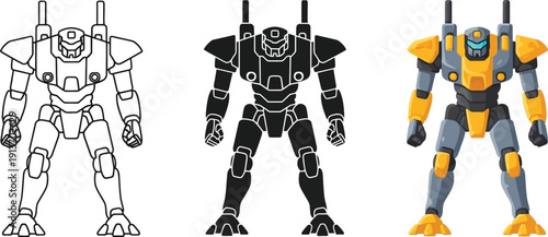 Collection of futuristic mecha robot illustrations including line art silhouette and full color vector designs for sci-fi projects