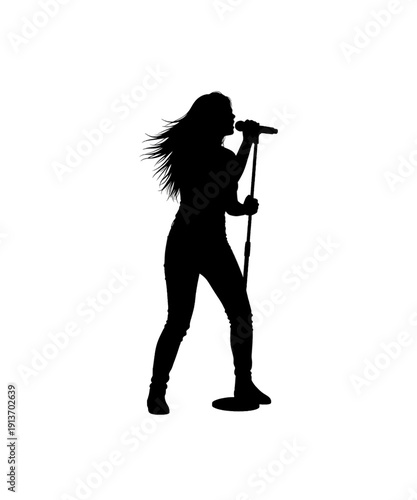 Silhouette Female Singer Holding Microphone on Stage with Dynamic Hair Motion