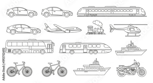 Collection of various transportation vehicles and modes of travel.