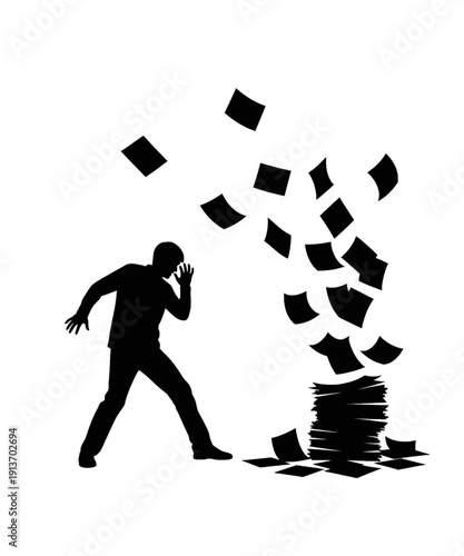 Stressed businessman running away from falling money and documents pile