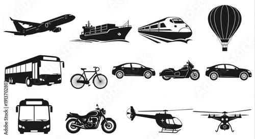 Collection of various transportation vehicles and modes of travel.